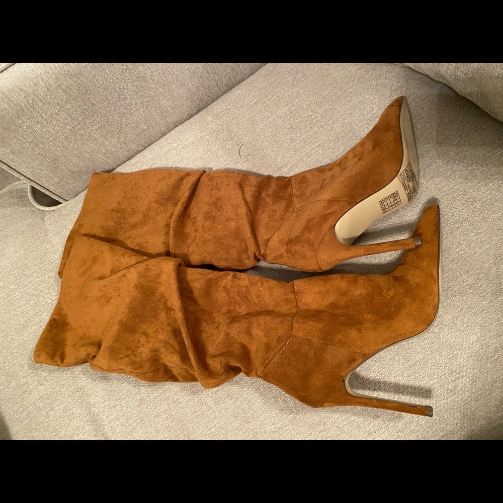 Suede tan up to the knee scrunch styled boots